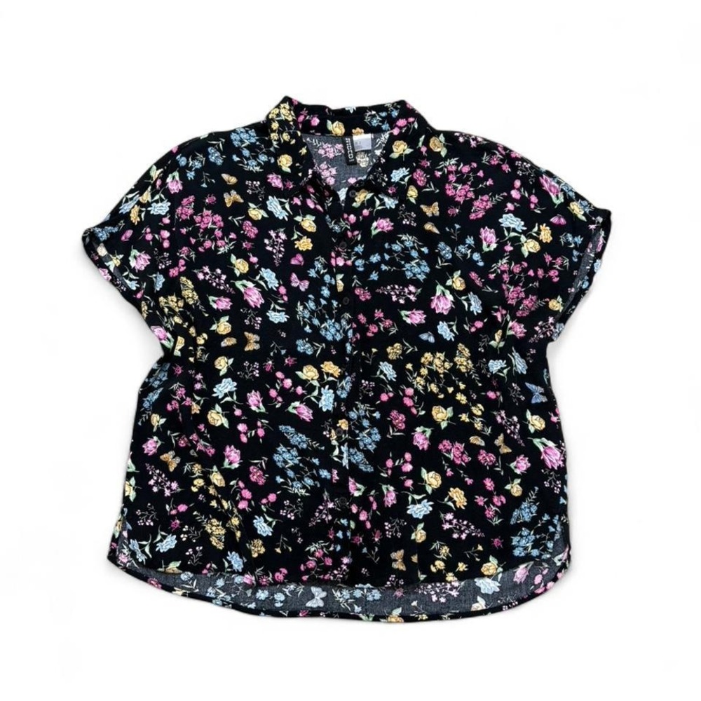 H&M butterfly floral button down blouse 90's boxy cropped fairy grunge Size S